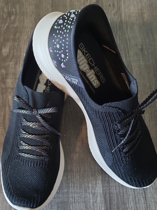 Skechers Shoes - Skechers Women's Black Bling Slip-ins On Knit Sz Women's 10 Off White Soles